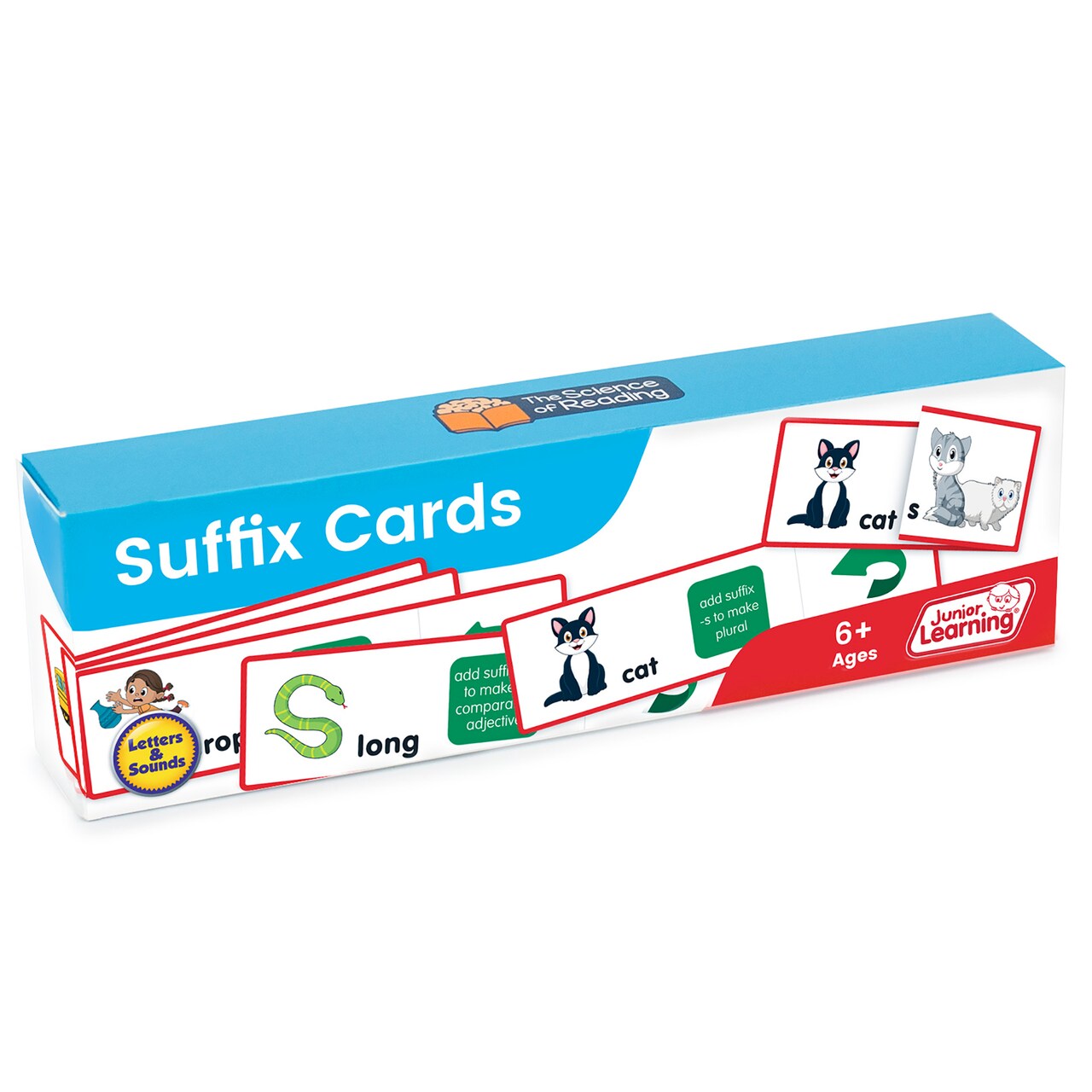 Suffix Flashcards: Junior Learning, The Science of Reading Supplementary Resource Flashcards, Learn suffix rules, For ages 6+, Grade 1, For classroom or home school use